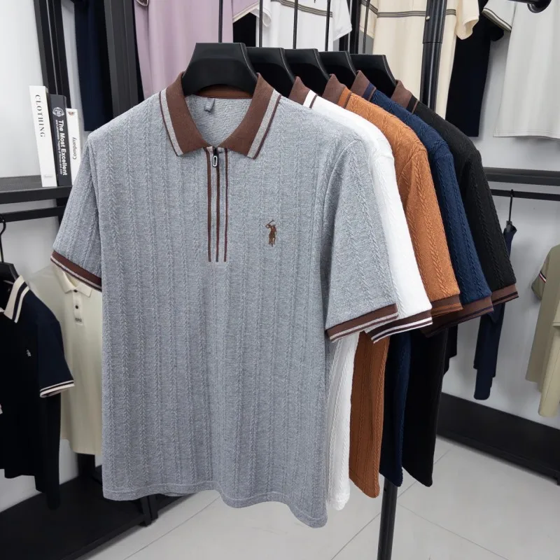 Luxury brand knitted short sleeve polo shirt Paul Pony embroidered stripe design men's T-shirt summer fashion Korean casual top
