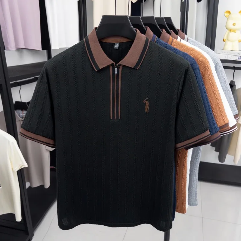 Luxury brand knitted short sleeve polo shirt Paul Pony embroidered stripe design men's T-shirt summer fashion Korean casual top