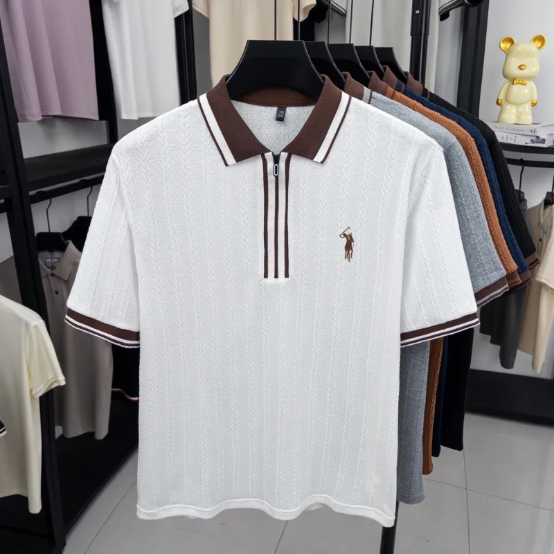Luxury brand knitted short sleeve polo shirt Paul Pony embroidered stripe design men's T-shirt summer fashion Korean casual top