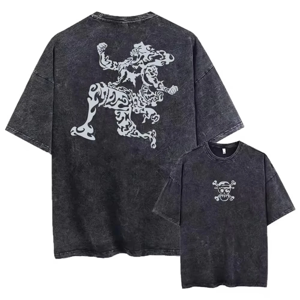 2026 New Anime ONE PIECE Anime Nika Luffy Washed T Shirt Summer Vintage Men's Women Cotton Casual Tee Top Streetwear