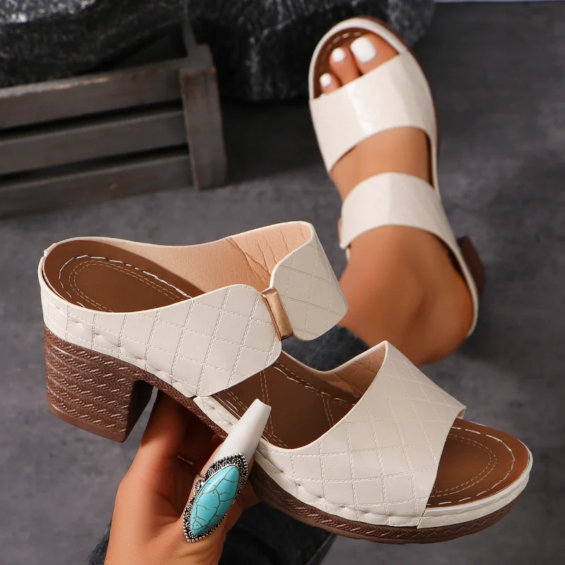 Women Summer Lightweight Hollow Sandals High Heels New Dress Chunky Open Toe Slippers Female Casual Slingback Slides Shoes