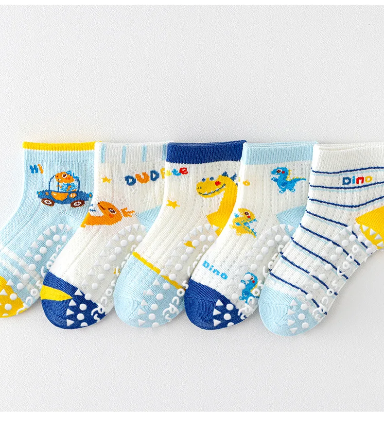 2026 Kids Anti Slip Socks Boys Girls Spring Summer Cartoon Breathable Mesh Short Socks 5 Pairs