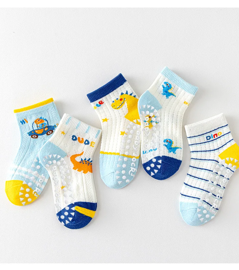 2026 Kids Anti Slip Socks Boys Girls Spring Summer Cartoon Breathable Mesh Short Socks 5 Pairs