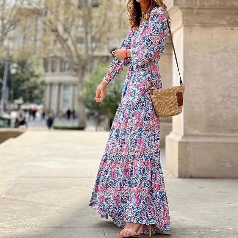 2026 New In-Stock Women's Fashion V-Neck Long-Sleeve Mid-Length Bohemian