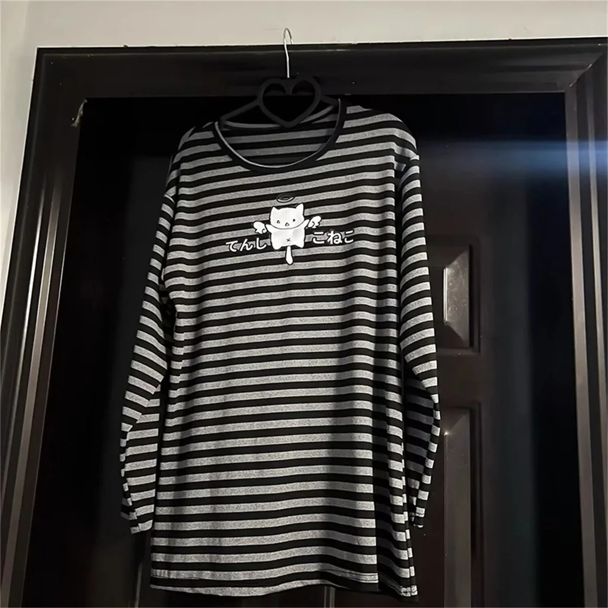 Autumn Striped Long-sleeved Women's T-shirt Subculture Cartoon Print Loose Kawaii Fashion Loose Oversize Bottoming Shirt Y2k
