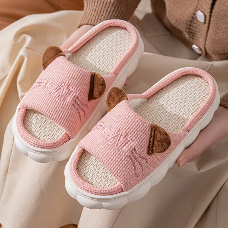 Linen Platform Women's Slippers Home Spring Summer Cat Designer Woman Shoes Flats Cute Hemp Indoor Elegant Casual Slides Soft