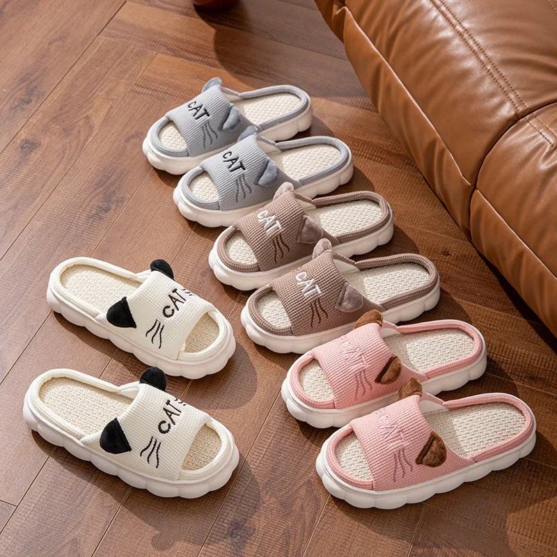 Linen Platform Women's Slippers Home Spring Summer Cat Designer Woman Shoes Flats Cute Hemp Indoor Elegant Casual Slides Soft