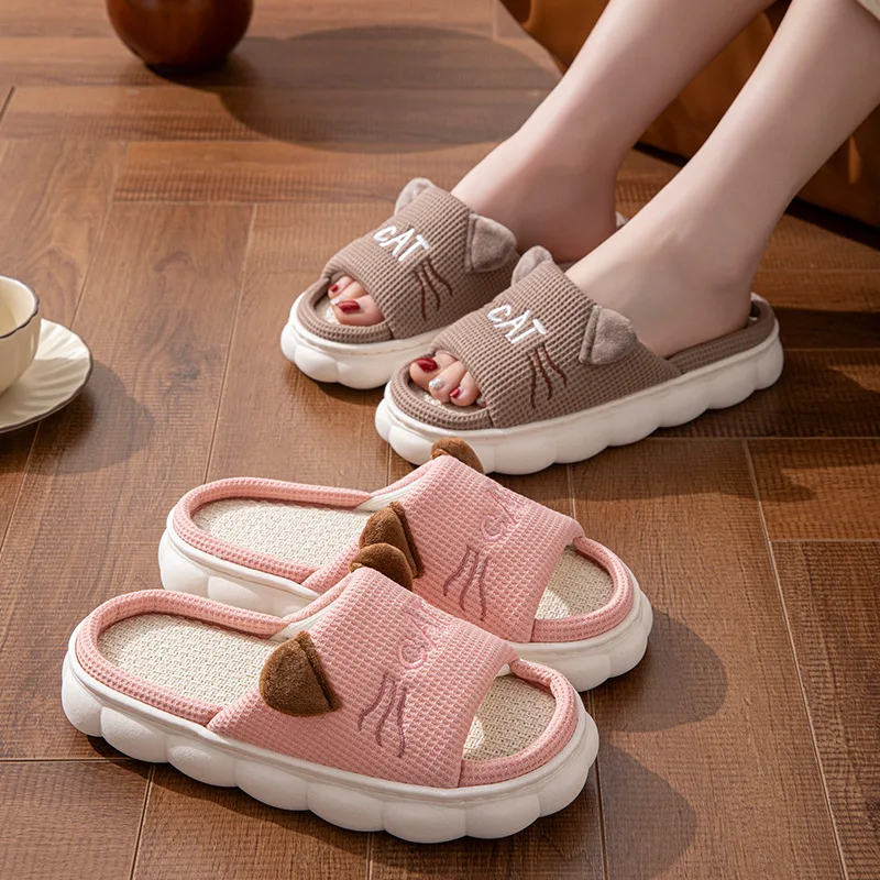 Linen Platform Women's Slippers Home Spring Summer Cat Designer Woman Shoes Flats Cute Hemp Indoor Elegant Casual Slides Soft
