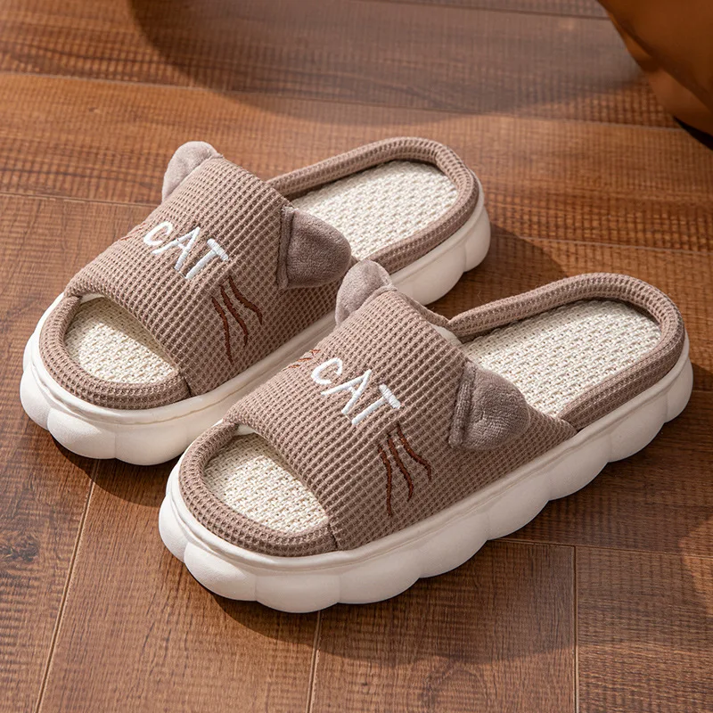 Linen Platform Women's Slippers Home Spring Summer Cat Designer Woman Shoes Flats Cute Hemp Indoor Elegant Casual Slides Soft