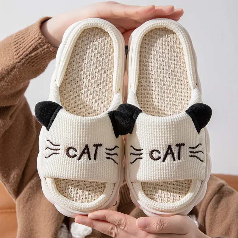 Linen Platform Women's Slippers Home Spring Summer Cat Designer Woman Shoes Flats Cute Hemp Indoor Elegant Casual Slides Soft