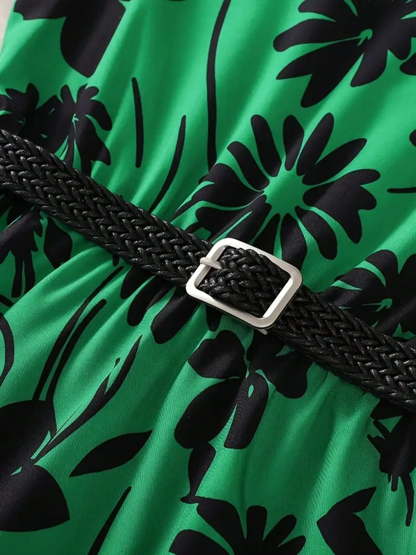 Chic teenage girl green floral long skirt with belt - casual round neck ruffle sleeves, perfect for summer, teenage jumpsuit