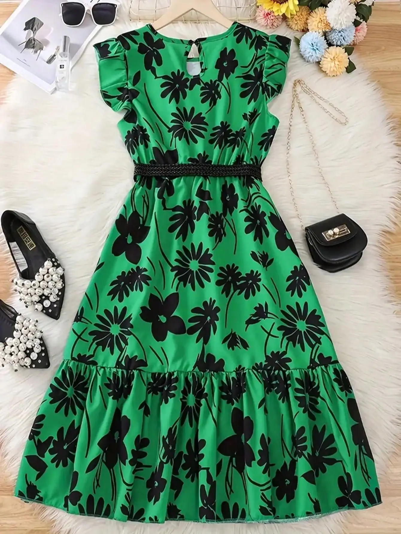 Chic teenage girl green floral long skirt with belt - casual round neck ruffle sleeves, perfect for summer, teenage jumpsuit