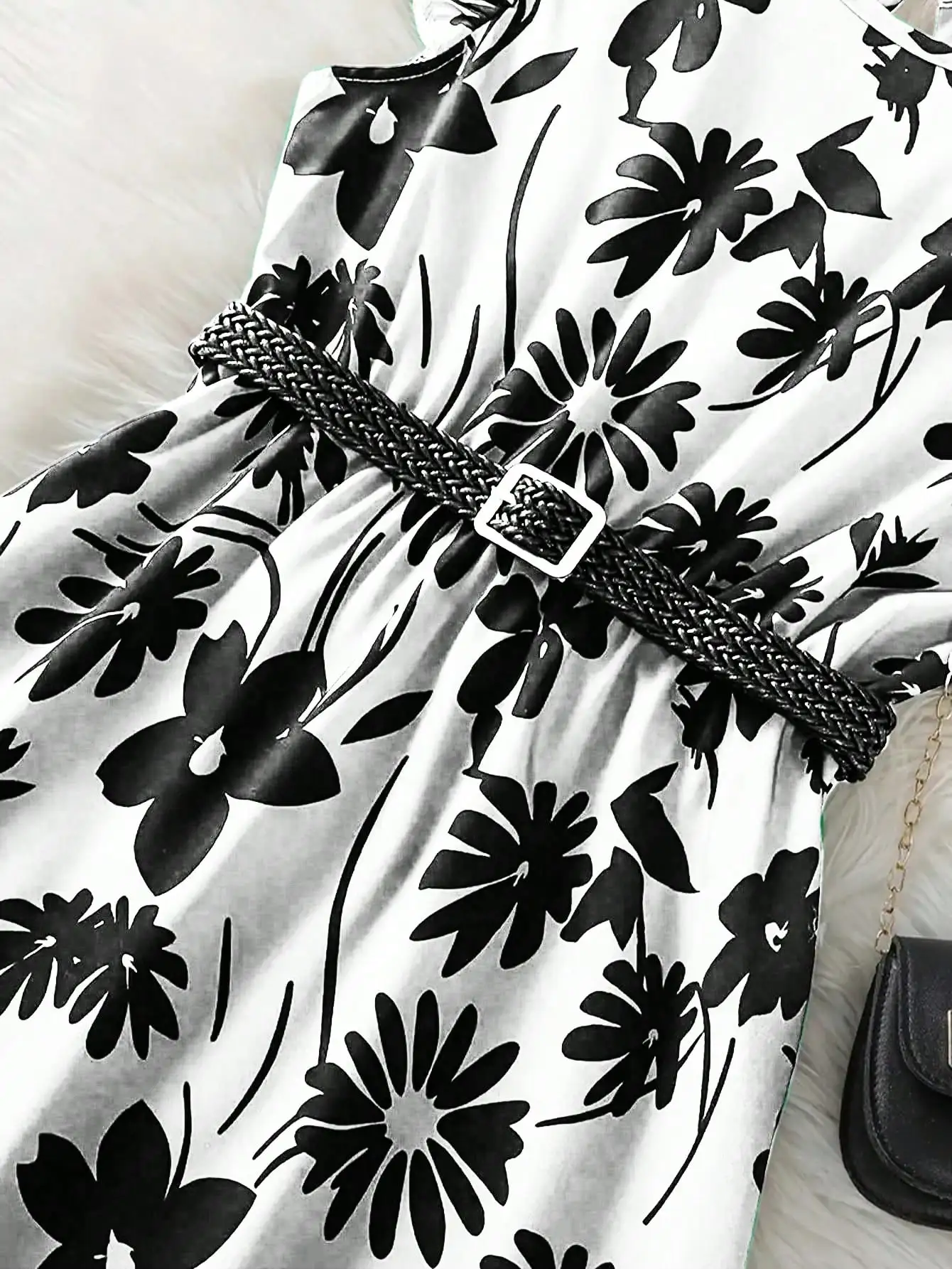 Chic teenage girl green floral long skirt with belt - casual round neck ruffle sleeves, perfect for summer, teenage jumpsuit