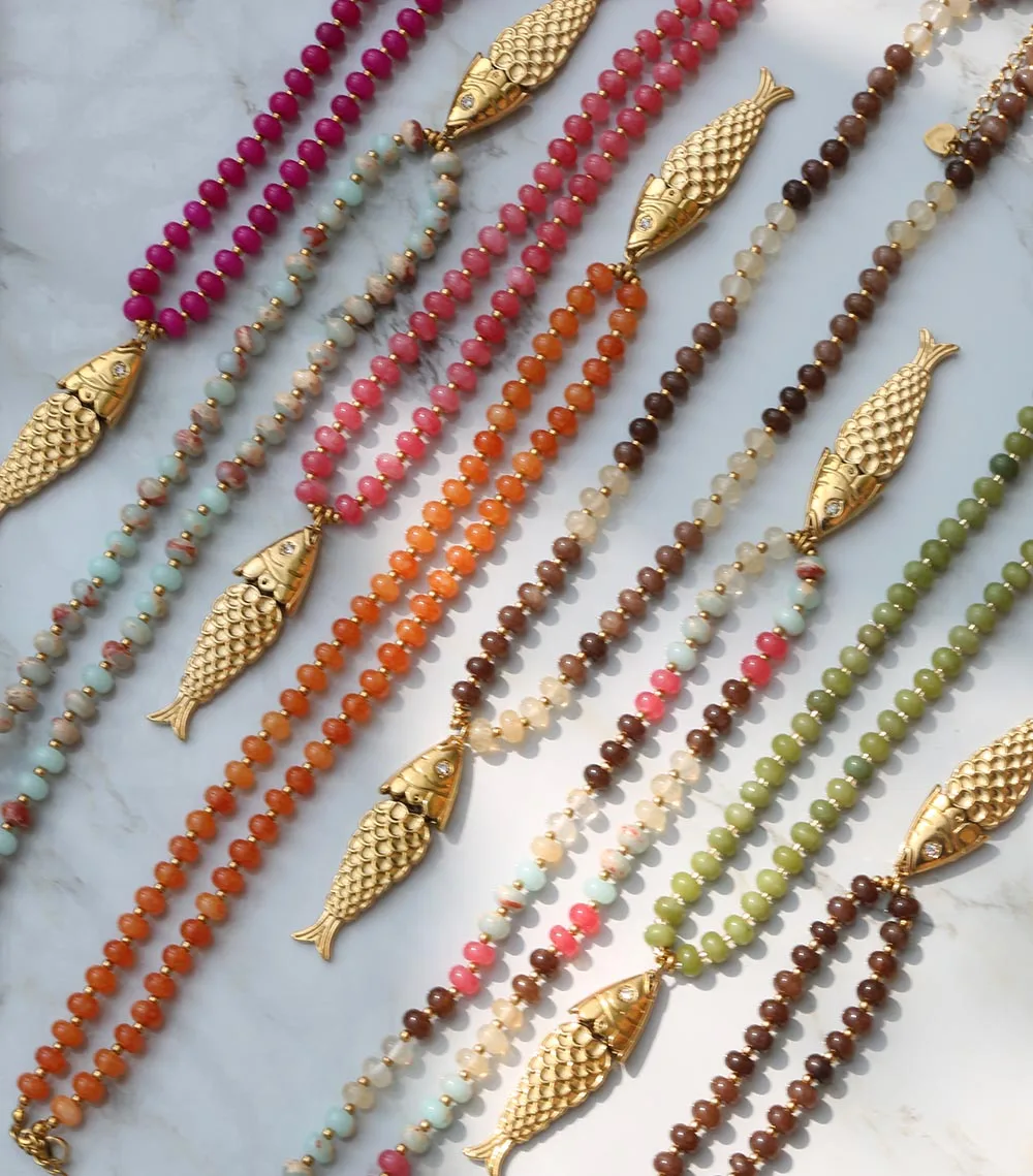 2026 Bohemian Style Spring/Summer Colorful Natural Stone Necklace with Stainless Steel Fish Pendant, Multiple Colors Available