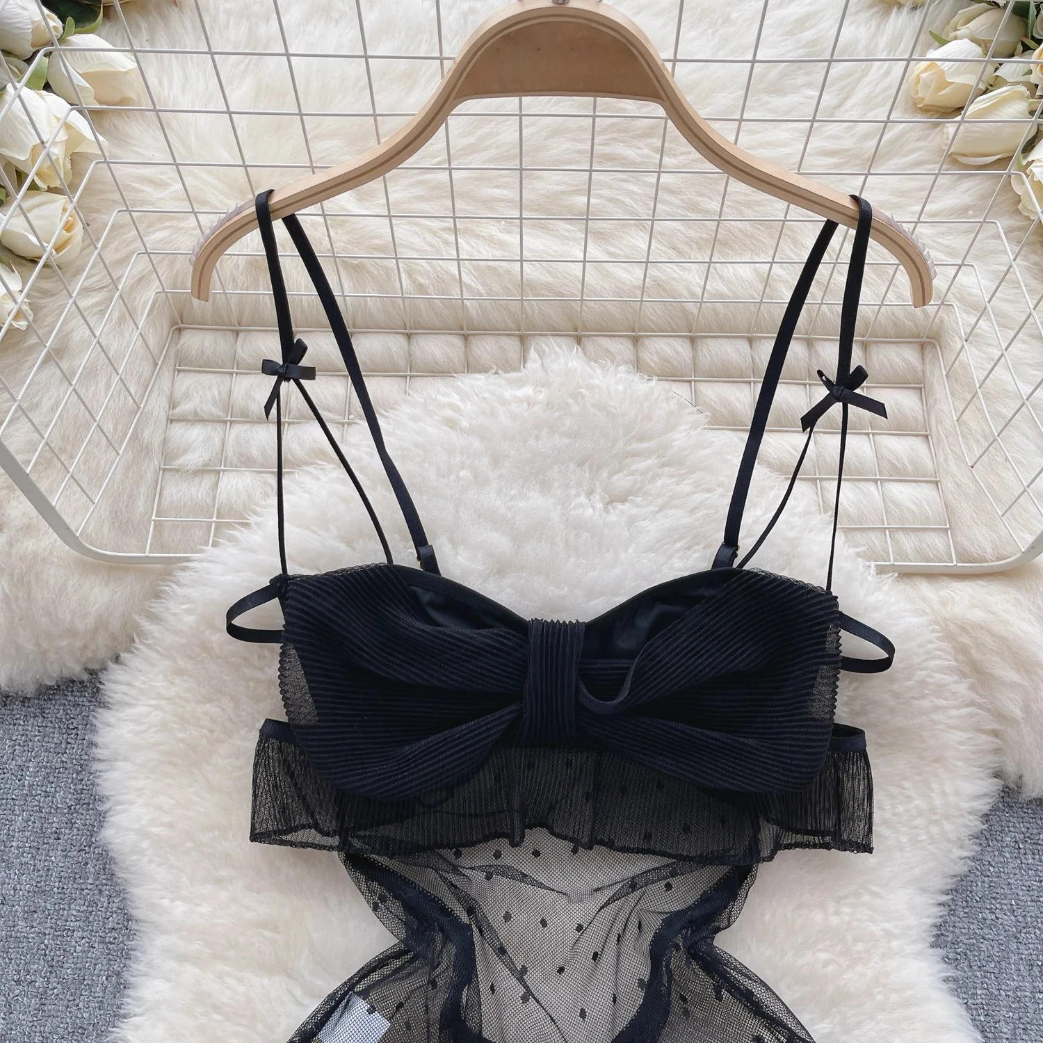Women Sexy Polka Dot Mesh Comfortable Dress Fashion Bow Ruffle Dress Vintage Transparent Breathable Spaghetti Strap Dress New