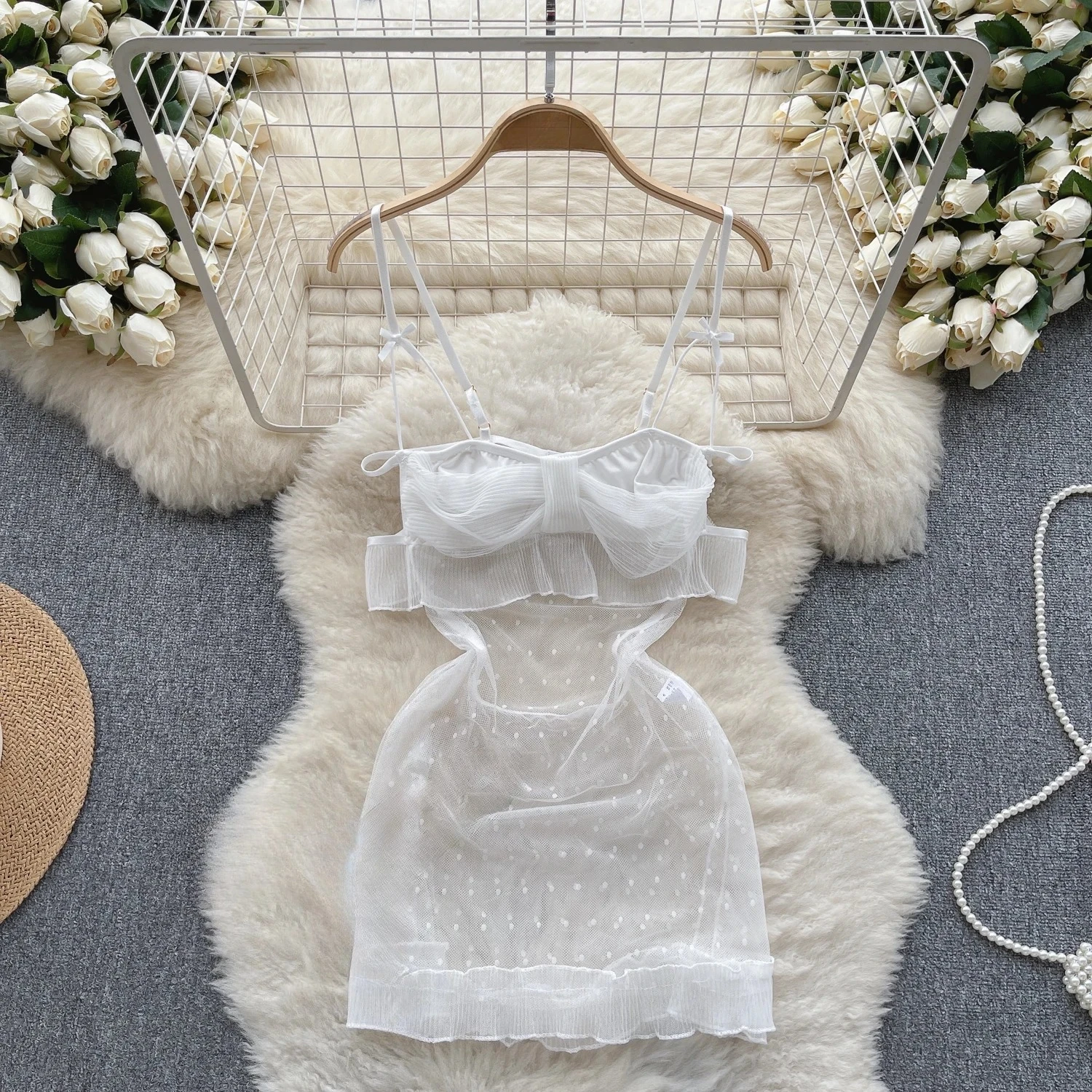 Women Sexy Polka Dot Mesh Comfortable Dress Fashion Bow Ruffle Dress Vintage Transparent Breathable Spaghetti Strap Dress New