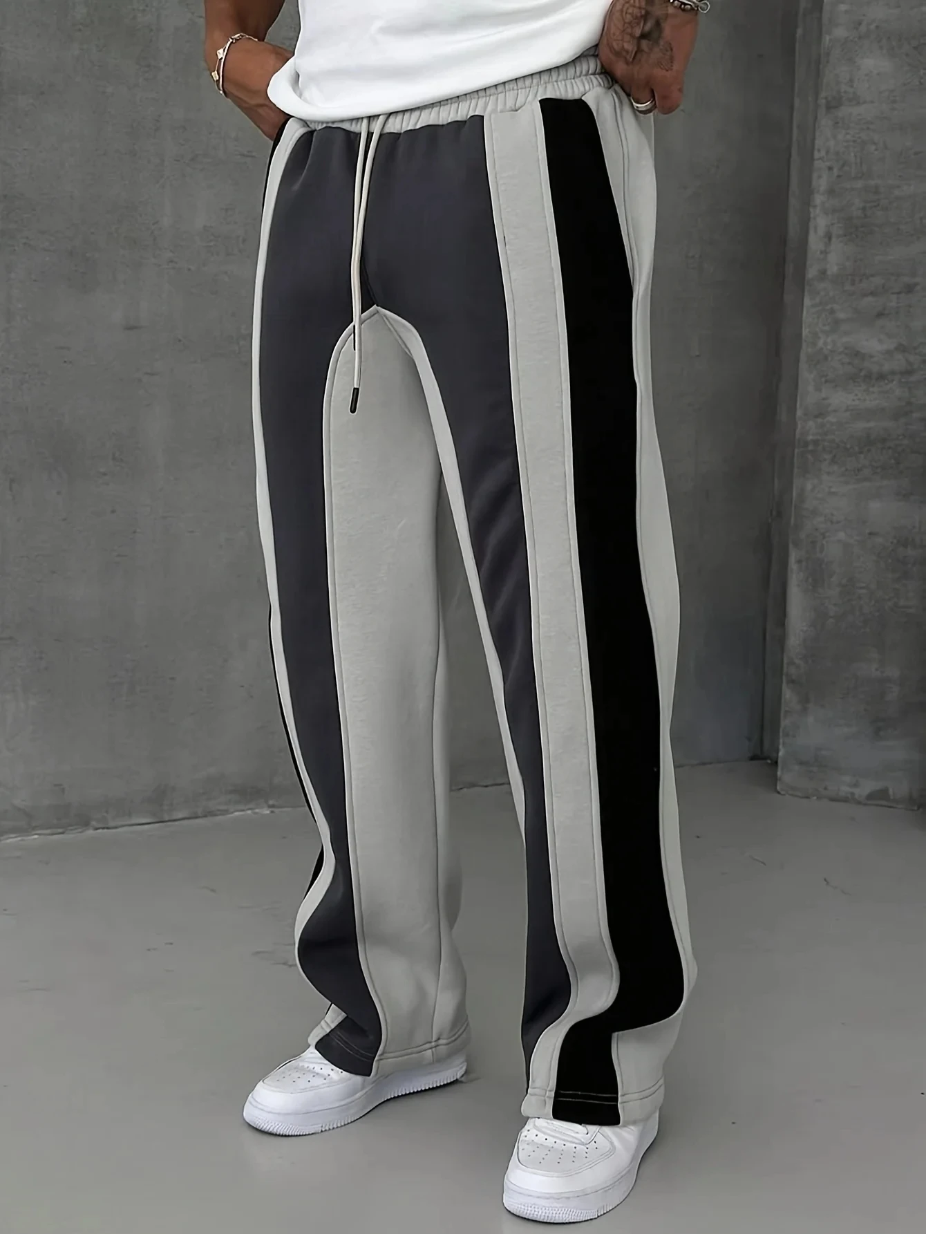 2026 Summer Men's Fleece Breathable Loose Fit Pants Grey Black Color Block Stripe Panel Quick Drying Casual Streetwear Trousers