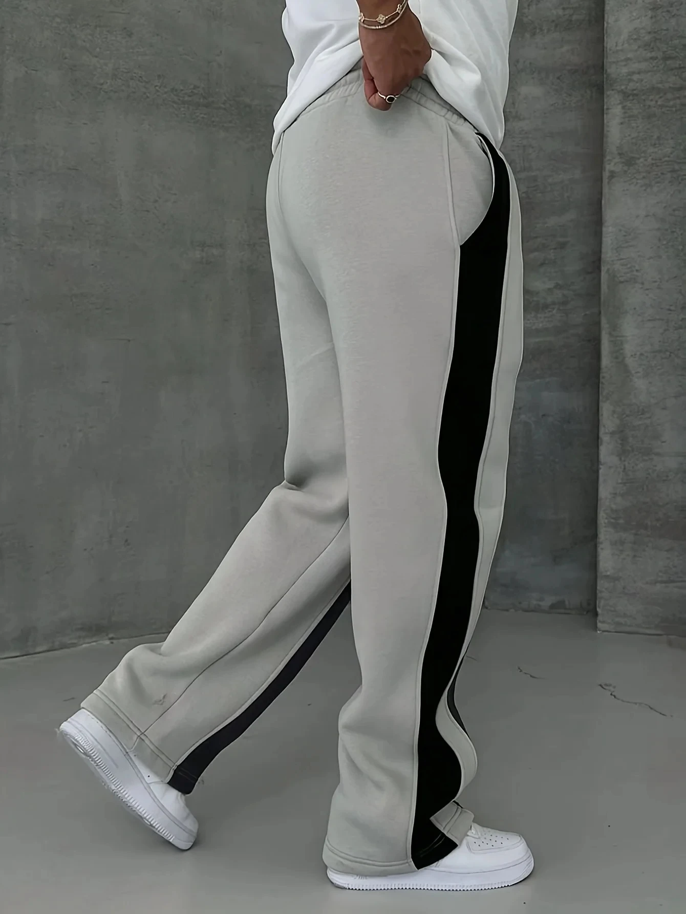 2026 Summer Men's Fleece Breathable Loose Fit Pants Grey Black Color Block Stripe Panel Quick Drying Casual Streetwear Trousers