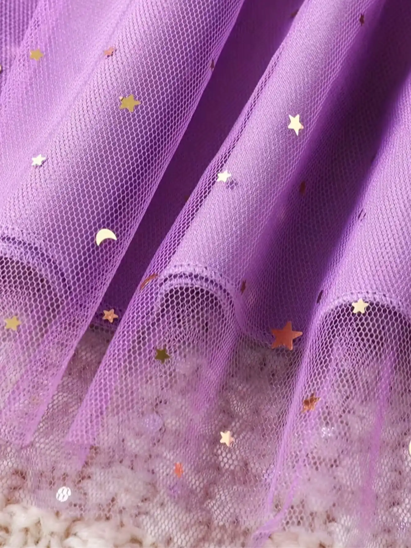 Enchanting Girl Summer Dress - Purple Lotus Leaf Cuff, Mermaid Scale Print and sequin Decoration, Polyester Mesh Skirt