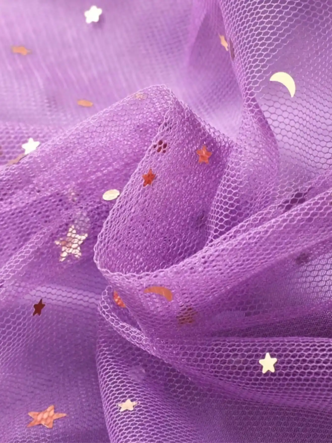 Enchanting Girl Summer Dress - Purple Lotus Leaf Cuff, Mermaid Scale Print and sequin Decoration, Polyester Mesh Skirt