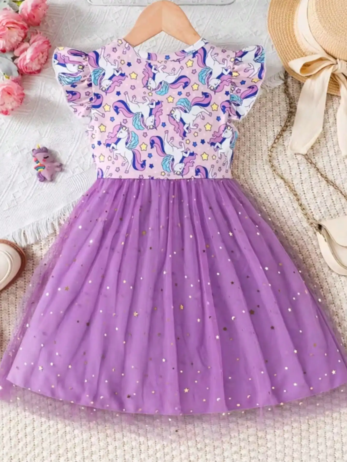 Enchanting Girl Summer Dress - Purple Lotus Leaf Cuff, Mermaid Scale Print and sequin Decoration, Polyester Mesh Skirt