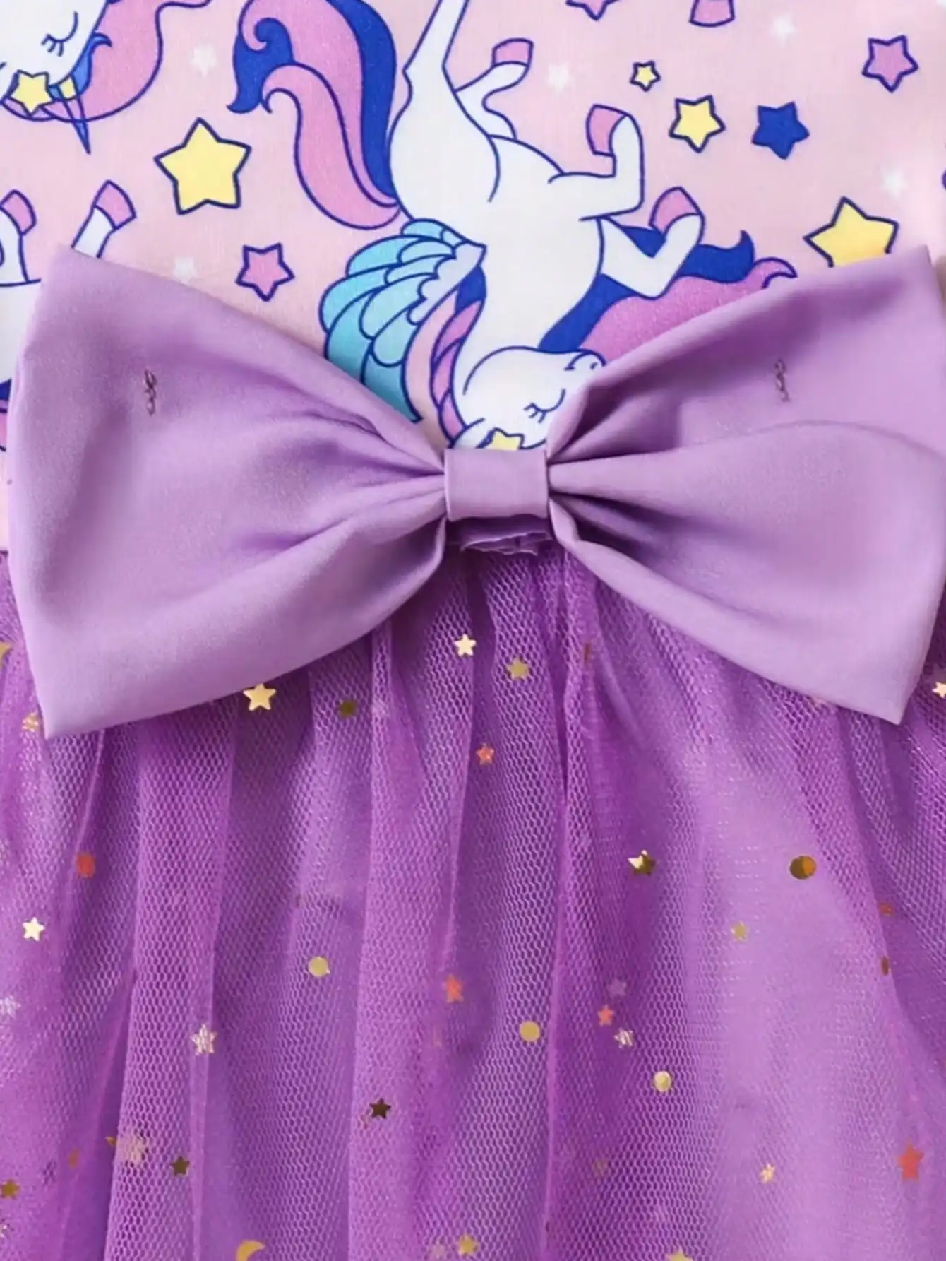 Enchanting Girl Summer Dress - Purple Lotus Leaf Cuff, Mermaid Scale Print and sequin Decoration, Polyester Mesh Skirt