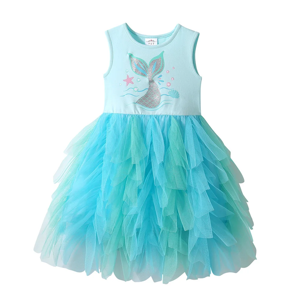 VIKITA Girls Sleeveless Mermaid Print Summer Blue Dress Kids Layered Princess Birthday Party Prom Gown Elegant Tutu Dresses