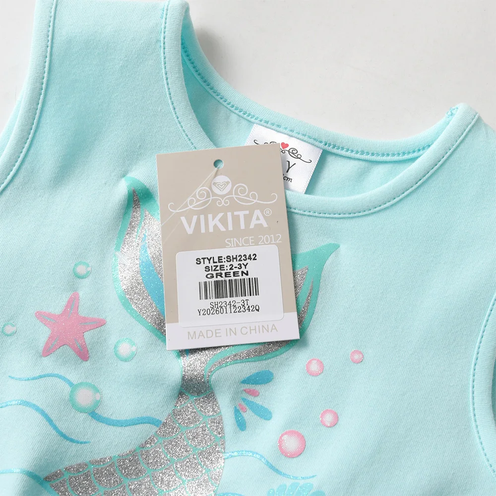VIKITA Girls Sleeveless Mermaid Print Summer Blue Dress Kids Layered Princess Birthday Party Prom Gown Elegant Tutu Dresses