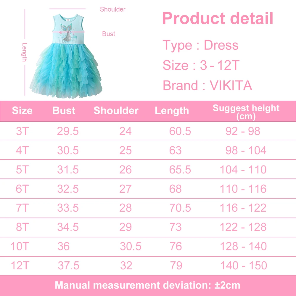 VIKITA Girls Sleeveless Mermaid Print Summer Blue Dress Kids Layered Princess Birthday Party Prom Gown Elegant Tutu Dresses