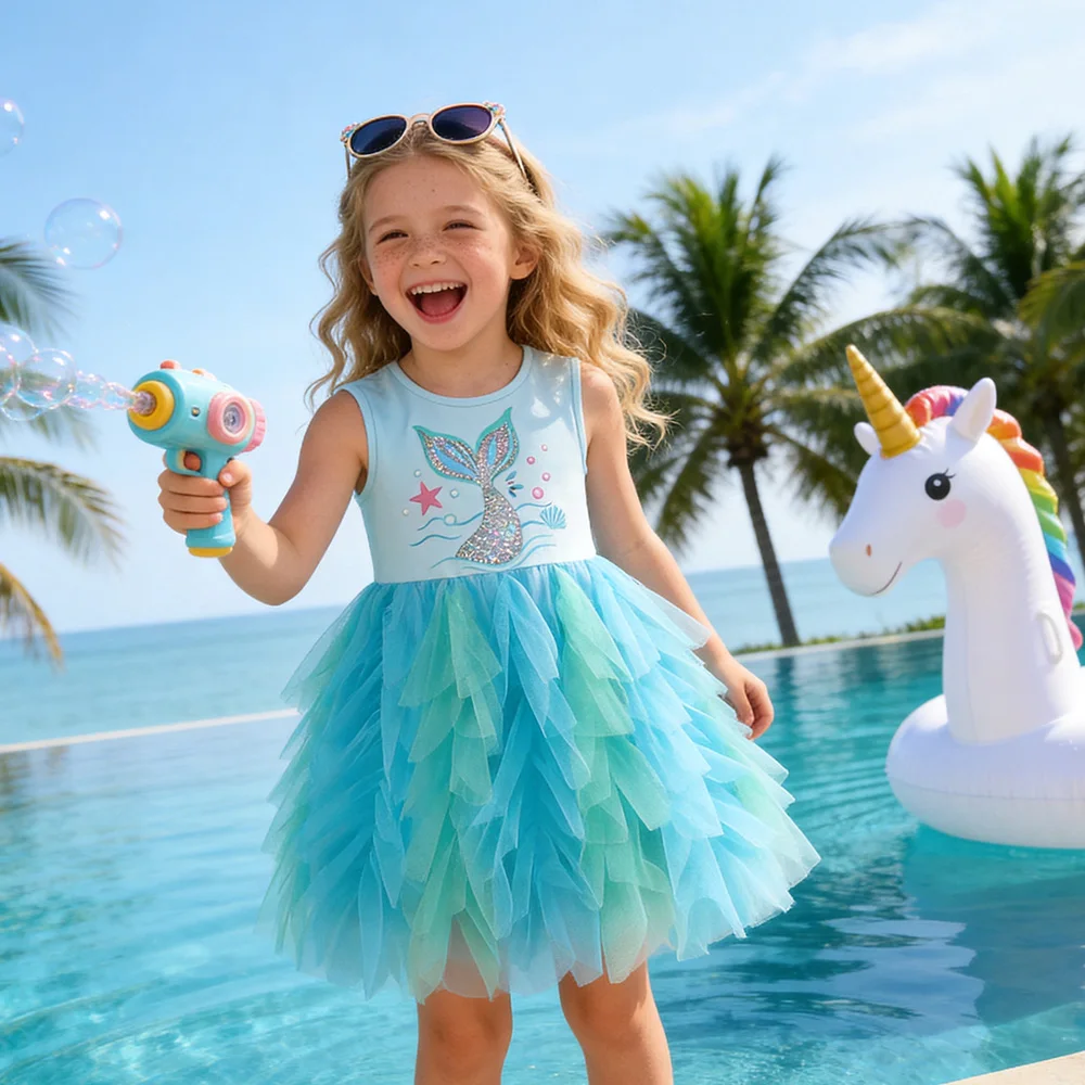 VIKITA Girls Sleeveless Mermaid Print Summer Blue Dress Kids Layered Princess Birthday Party Prom Gown Elegant Tutu Dresses
