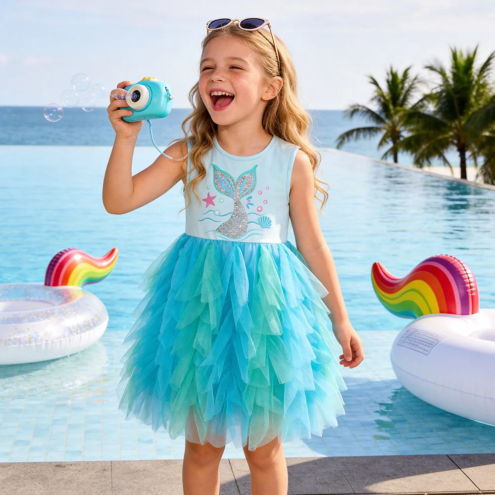 VIKITA Girls Sleeveless Mermaid Print Summer Blue Dress Kids Layered Princess Birthday Party Prom Gown Elegant Tutu Dresses