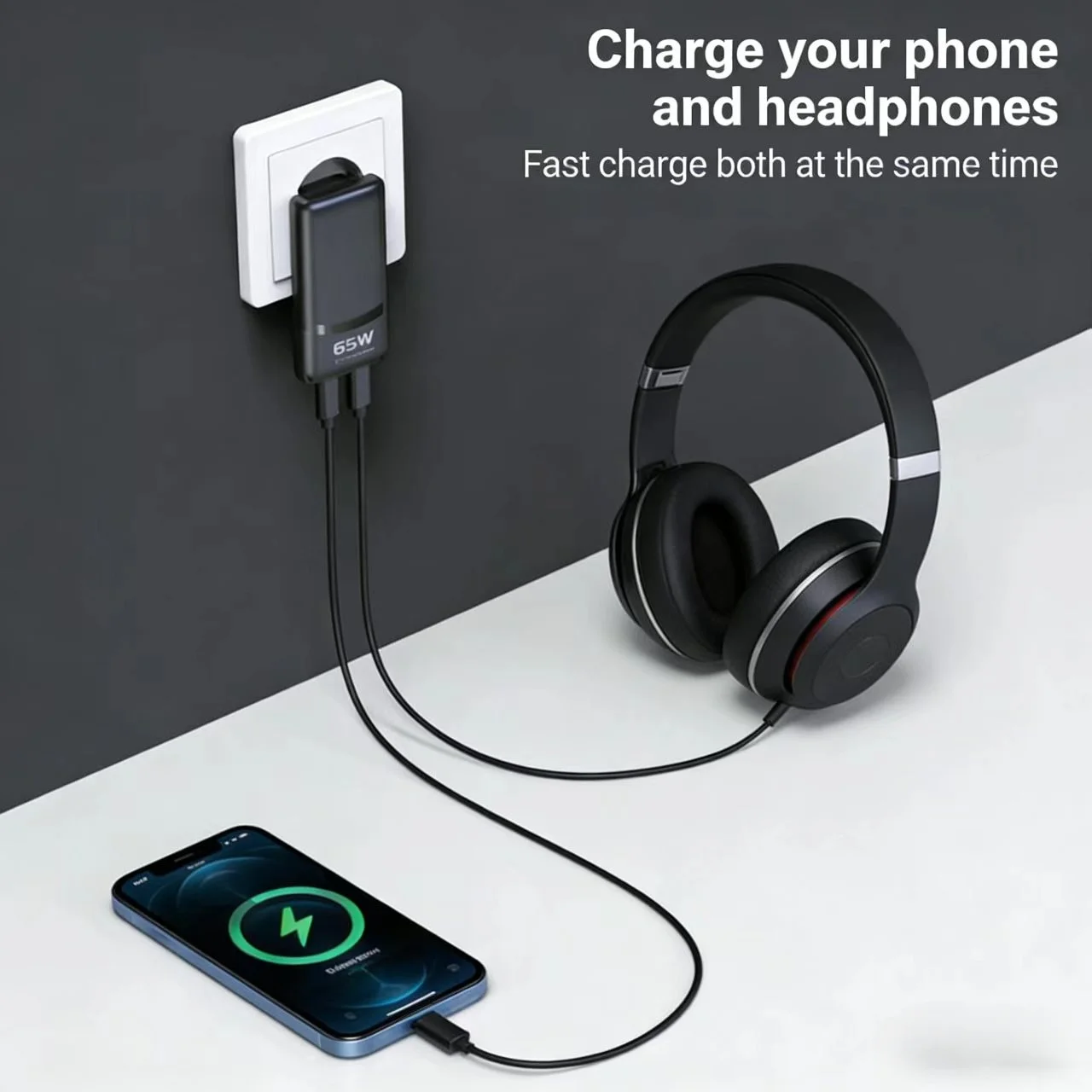 New Ultra-Slim Foldable Wall Charger (65W GaN), Supports USB-C Fast Charging, Ideal for Charging Smartphones and 5V/2.4A Devices