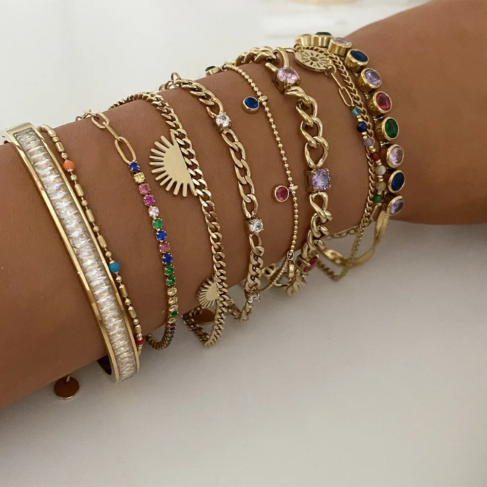 Classic Gift Geometric Colorful Zircon Titanium Stainless Steel Pendant Plating Gold Color Cuban Link Chain Bracelet Women