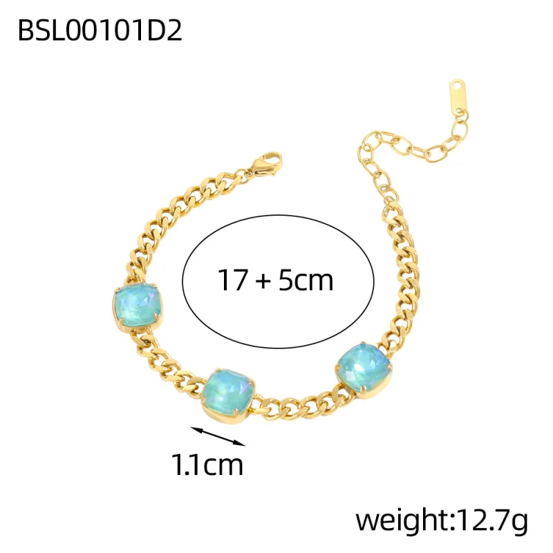 Classic Gift Geometric Colorful Zircon Titanium Stainless Steel Pendant Plating Gold Color Cuban Link Chain Bracelet Women
