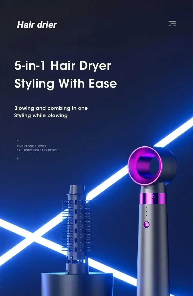 Travel Hair Dryer 5-in-1 with Straightener Curler Negative Ion Fast Drying Strong Wind 110V-220V for Home Salon Use