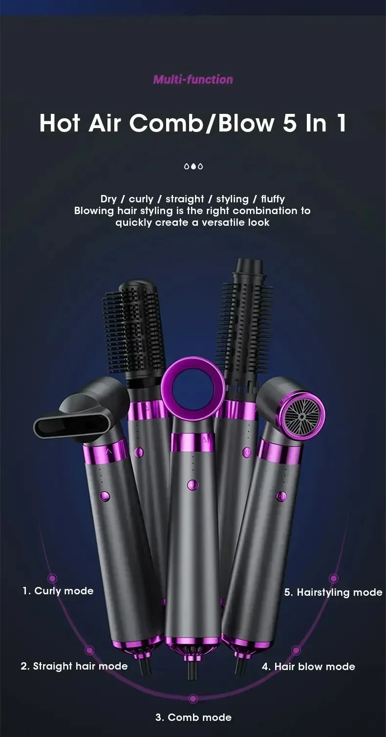 Travel Hair Dryer 5-in-1 with Straightener Curler Negative Ion Fast Drying Strong Wind 110V-220V for Home Salon Use