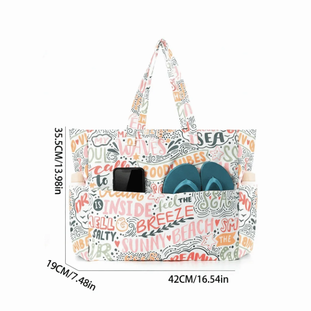 Multiple Pockets Beach Tote Bag Foldable Large Capacity Gym Grocery Vacation Bags Sandproof Zipper Shoulder Bag