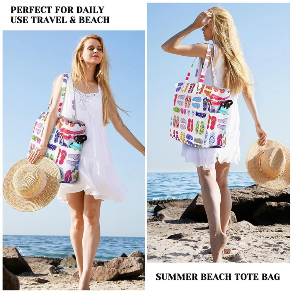 Multiple Pockets Beach Tote Bag Foldable Large Capacity Gym Grocery Vacation Bags Sandproof Zipper Shoulder Bag