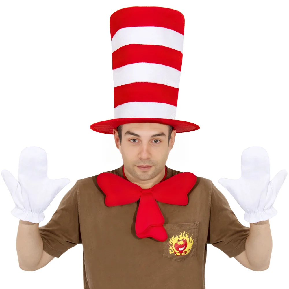 The Cat in The Hat Cosplay Set Dr. Seuss Stage Costume Red White Plush Tall Hat Full Kit