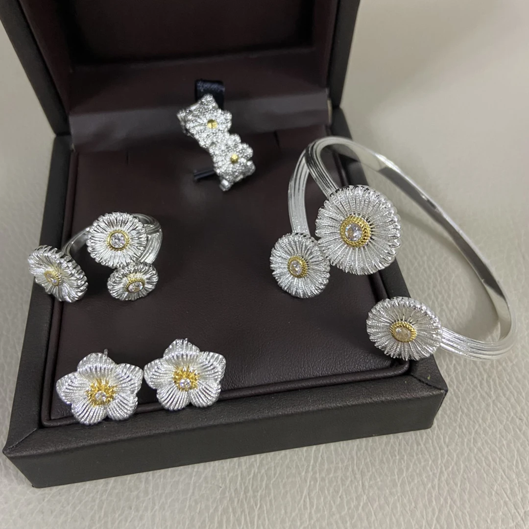 Sterling Silver Daisy Earrings, Rings, Bracelets, Italian Heavy Craftsmanship, Brushed Vintage Texture