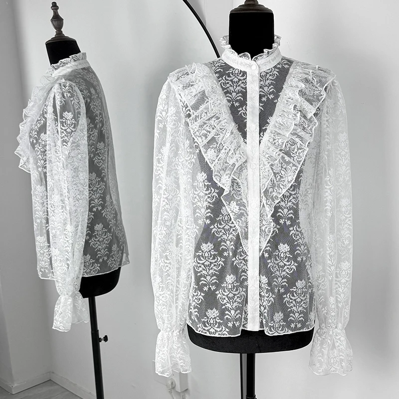 Elegant Sheer Lace Blouses Women Shirts 2026 Summer Ruffles Button Loose Shirts Top Chic Vintage Sexy See Through Blouses Shirts