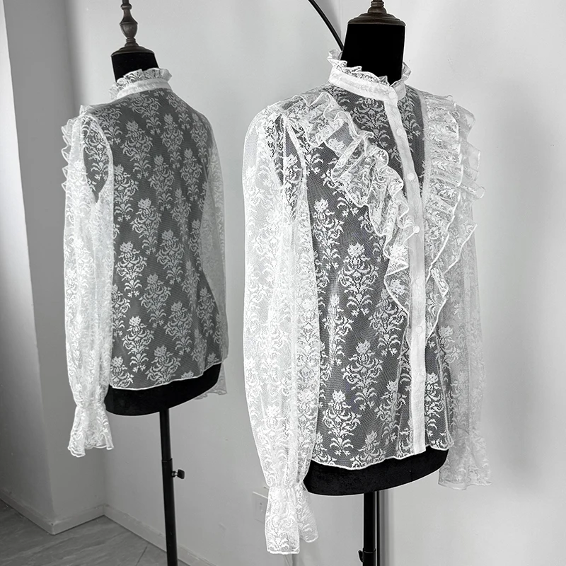 Elegant Sheer Lace Blouses Women Shirts 2026 Summer Ruffles Button Loose Shirts Top Chic Vintage Sexy See Through Blouses Shirts