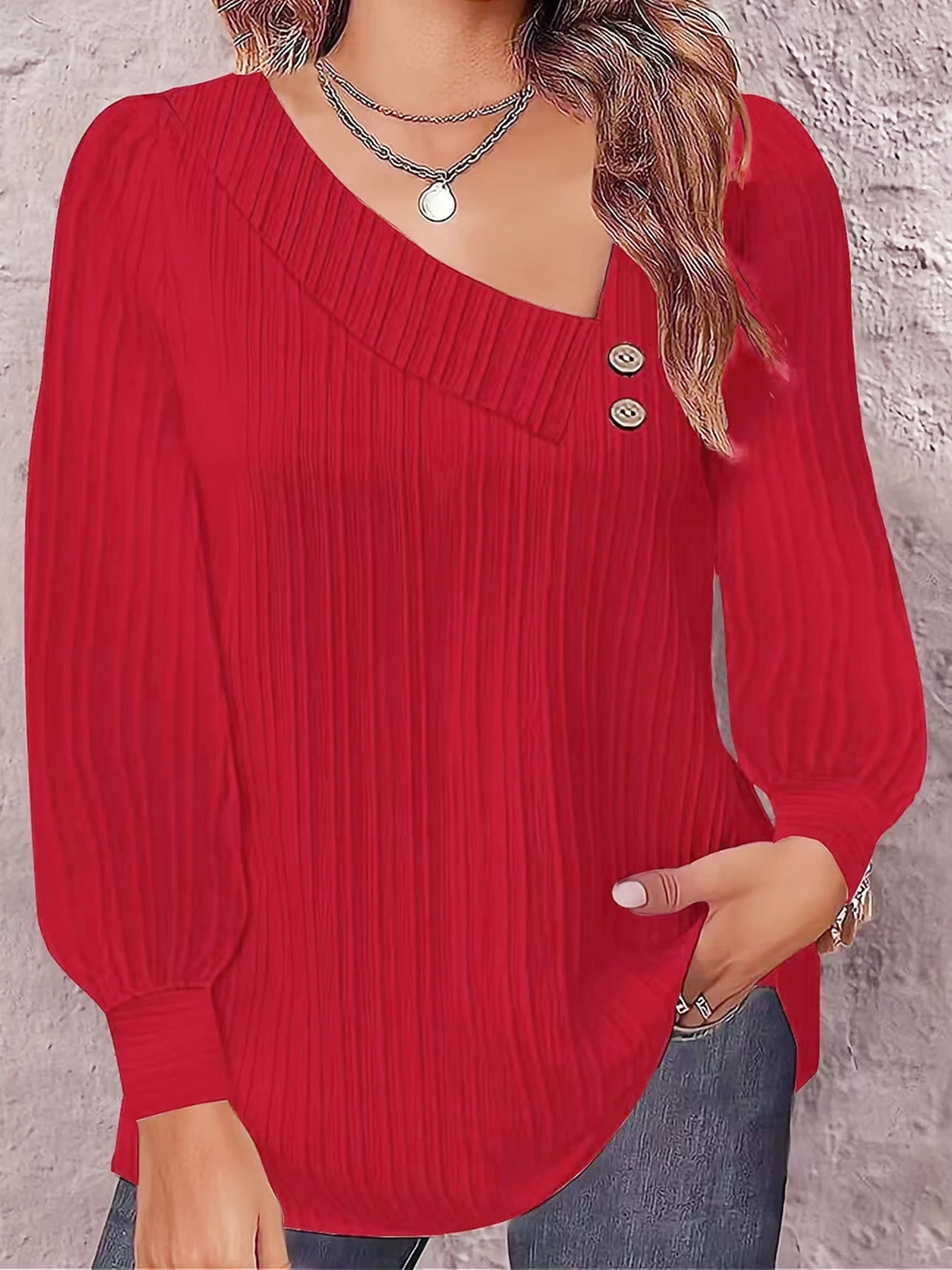 Elegant Asymmetrical V Neck Ribbed Textured Blouse With Decorative Buttons Puff Long Sleeves And Curved Hem For Casual Daily Wea