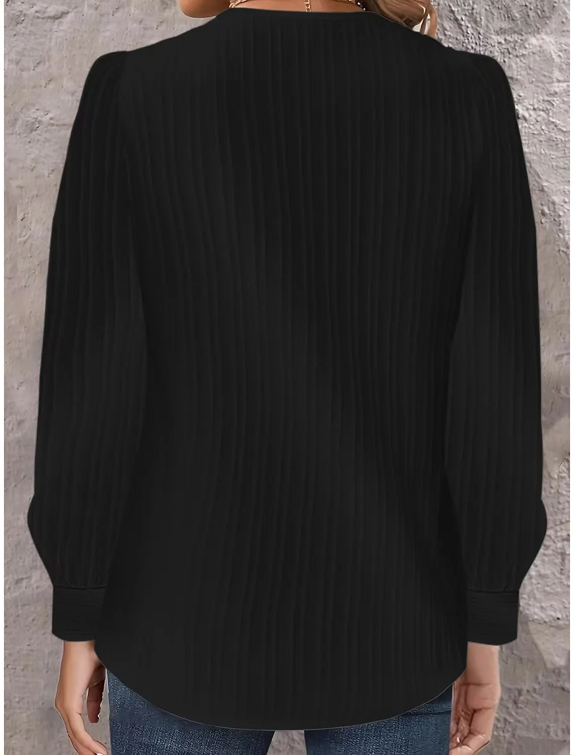 Elegant Asymmetrical V Neck Ribbed Textured Blouse With Decorative Buttons Puff Long Sleeves And Curved Hem For Casual Daily Wea