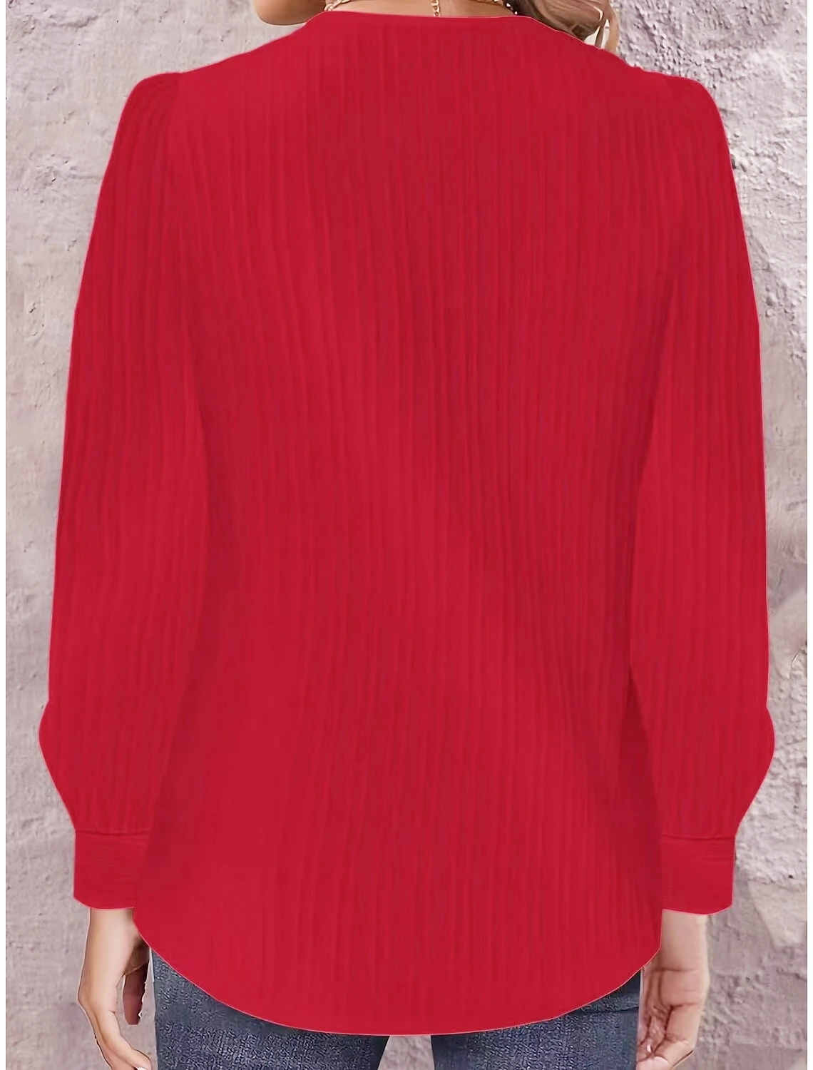 Elegant Asymmetrical V Neck Ribbed Textured Blouse With Decorative Buttons Puff Long Sleeves And Curved Hem For Casual Daily Wea