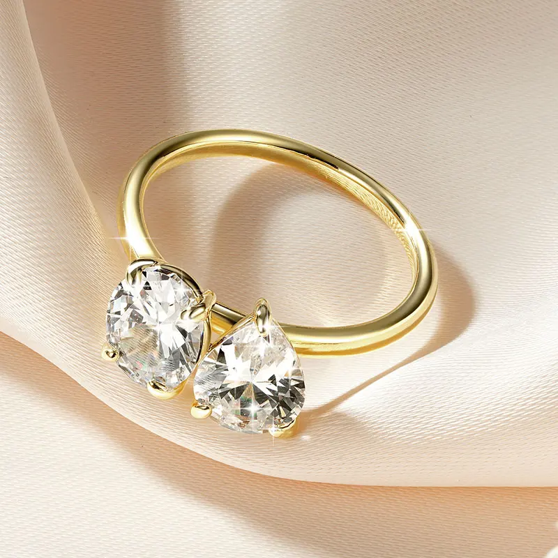 Lnngy 7x9mm Oval/Pear Shape Cleart Zircon Ring Exquisite Two Stone Design Adjustable Rings For Women 2026 Trend Jewelry Gift