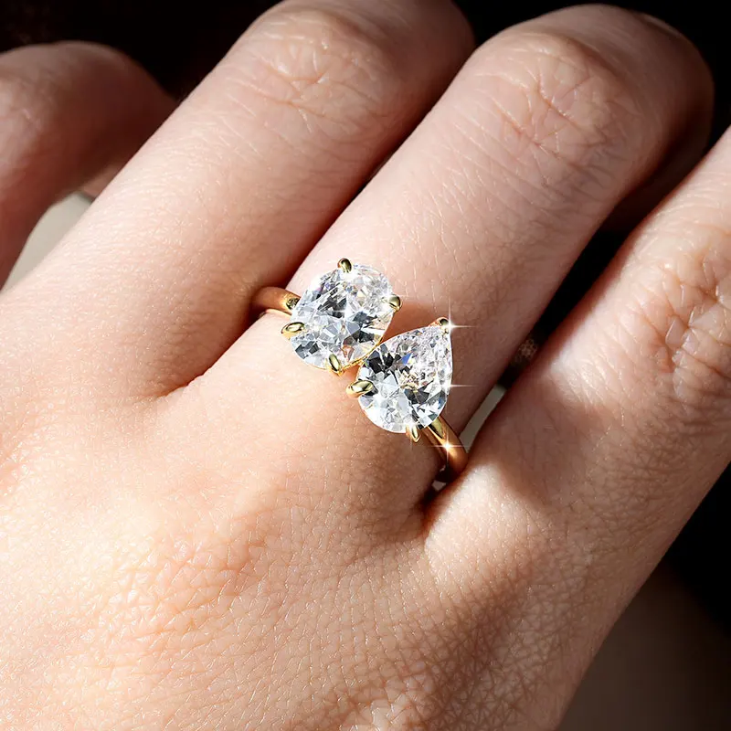 Lnngy 7x9mm Oval/Pear Shape Cleart Zircon Ring Exquisite Two Stone Design Adjustable Rings For Women 2026 Trend Jewelry Gift