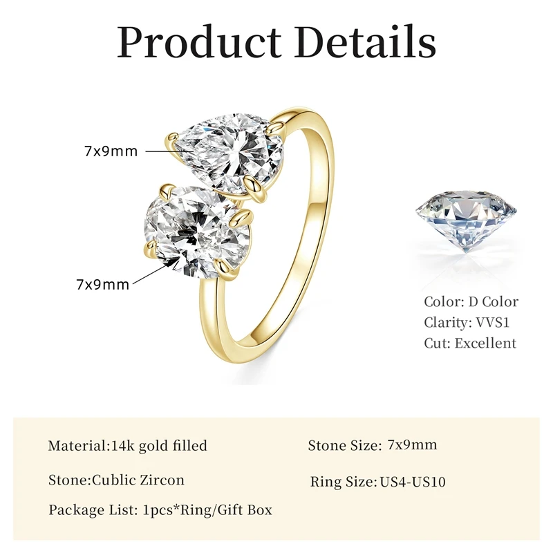 Lnngy 7x9mm Oval/Pear Shape Cleart Zircon Ring Exquisite Two Stone Design Adjustable Rings For Women 2026 Trend Jewelry Gift