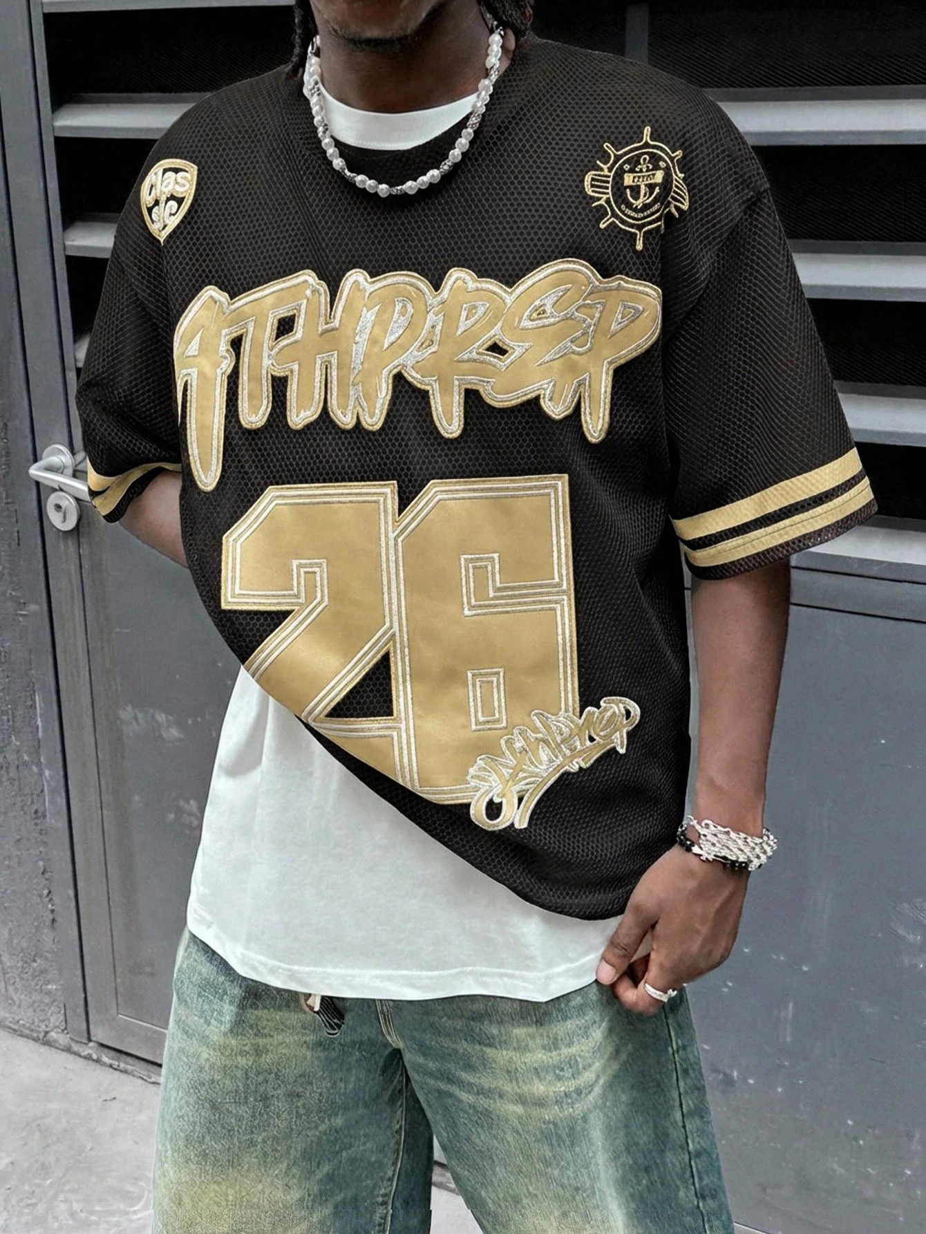 Men Loose Dropped Shoulder Letter Graphic Print Mesh Short Sleeve Jersey T-Shirt, Funny, , For Going Out, Summer Streetwear
