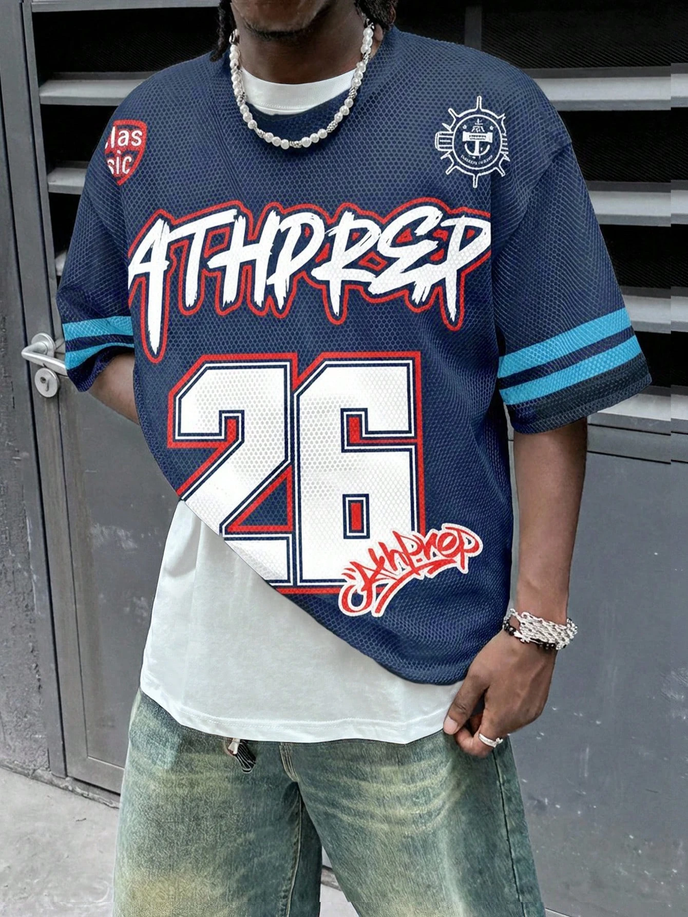 Men Loose Dropped Shoulder Letter Graphic Print Mesh Short Sleeve Jersey T-Shirt, Funny, , For Going Out, Summer Streetwear